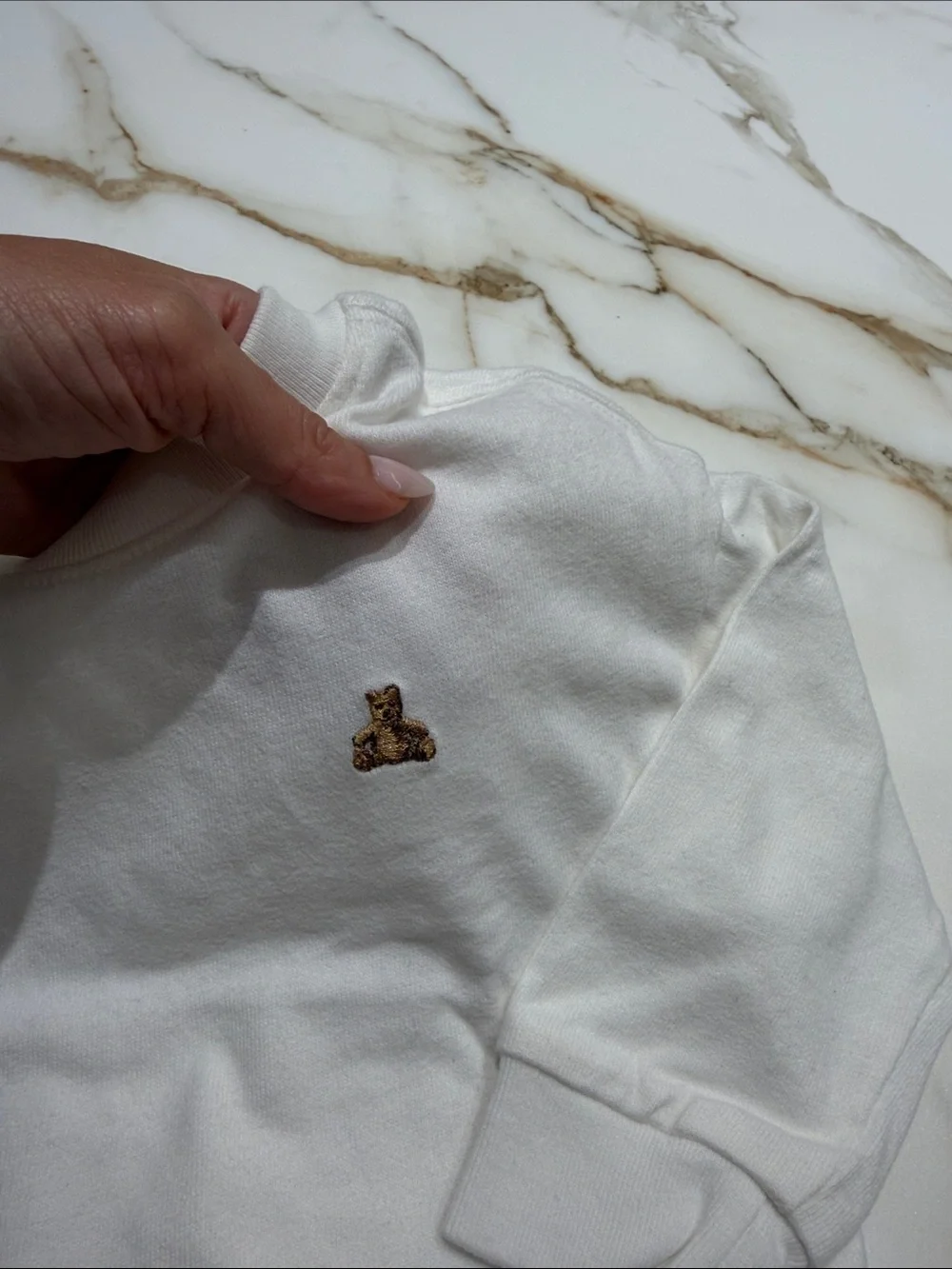 GAP White Long-Sleeve Crewneck Top with Tiny Bear Patch